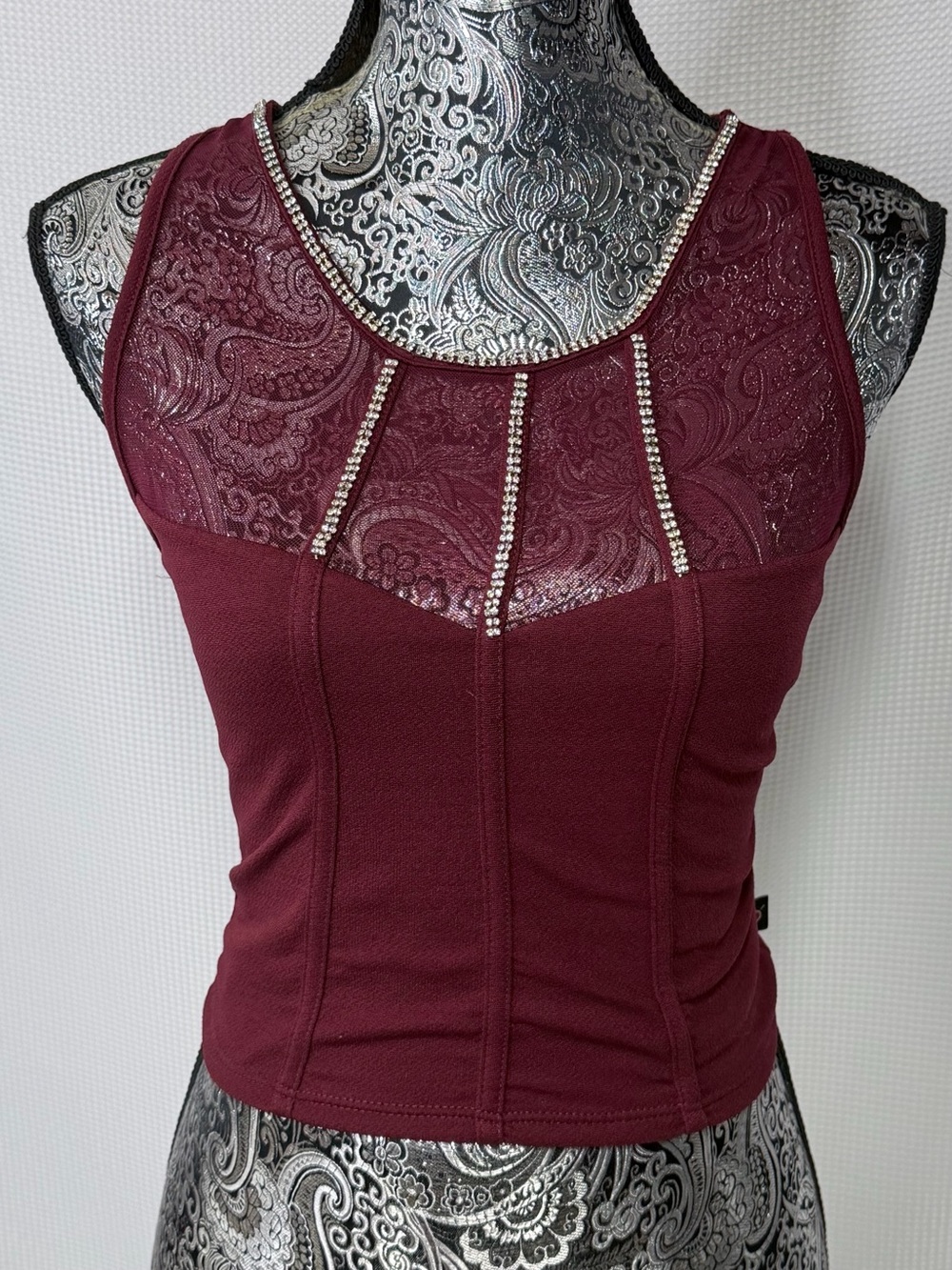 Rhinestone-Trim Burgundy Lace-Panel Tank Top